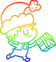 rainbow gradient line drawing of a happy christmas elf with present
