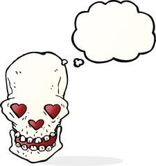 cartoon skull with love heart eyes with thought bubble