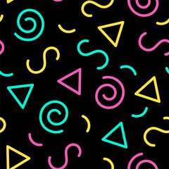 Seamless pattern of squiggles on a black background. Random fun colored squiggles in the style of the 90s.