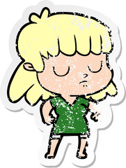 distressed sticker of a cartoon indifferent woman