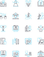 Financial workshop linear icons set. Invest, Budget, Savings, Credit, Debt, Taxes, Retirement line vector and concept signs. Planning,Wealth,Income outline illustrations