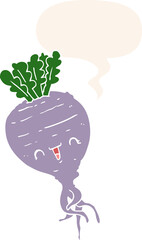 cartoon turnip with speech bubble in retro style