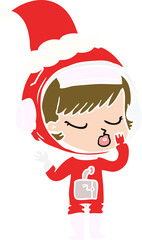 hand drawn flat color illustration of a pretty astronaut girl wearing santa hat