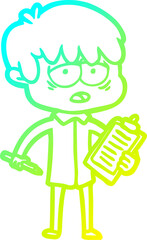 cold gradient line drawing of a cartoon exhausted boy