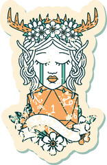 Retro Tattoo Style crying elf druid character face with natural one roll