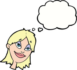 cartoon happy woman with thought bubble