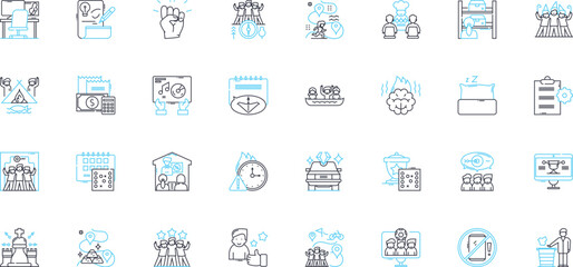 Task completion linear icons set. Finish, Accomplish, Success, Fulfillment, Goal, Achievement, Completion line vector and concept signs. Execution,Result,Conclude outline illustrations