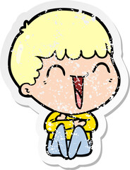 distressed sticker of a cartoon happy man laughing