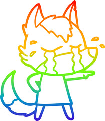 rainbow gradient line drawing of a cartoon crying wolf