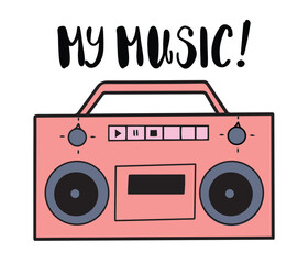 Cool old school boom box, retro cassette player recorder, isolated hand drawn vector illustration in line doodle design