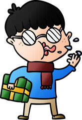 cartoon boy wearing spectacles with christmas gift