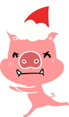 angry hand drawn flat color illustration of a pig wearing santa hat