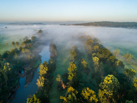 Mist drifting away over river at dawn in Hunter Valley leaving dew on riverside grass