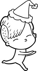 hand drawn line drawing of a girl in onesie wearing santa hat