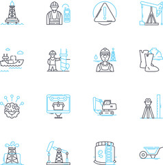 Manufacturing facility linear icons set. Automation, Assembly, Equipment, Production, Quality, Efficiency, Maintenance line vector and concept signs. Operations,Safety,Inspection outline illustrations