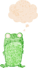 cartoon staring frog with thought bubble in grunge distressed retro textured style