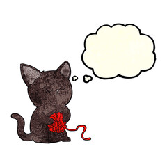 cartoon cute black cat playing with ball of yarn with thought bubble