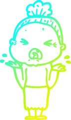 cold gradient line drawing of a cartoon angry old woman