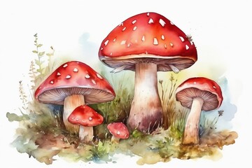 Red fly agaric mushrooms in a watercolor botanical set. Generative AI