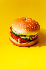 Delicious burger with fish cake and lettuce on a yellow background. Creative design of fast food and burgers.