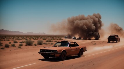 Obraz na płótnie Canvas A thrilling post-apocalyptic car chase on a desert highway