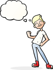 cartoon celebrating man with thought bubble