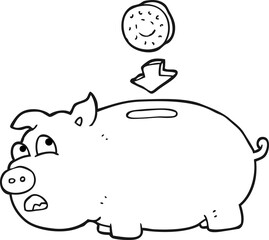 freehand drawn black and white cartoon piggy bank