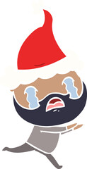 hand drawn flat color illustration of a bearded man crying wearing santa hat