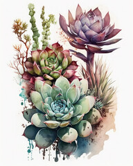 Illustration of various succulent plants on white. Generative AI