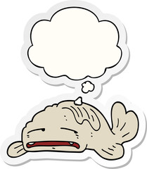 cartoon sad old fish with thought bubble as a printed sticker