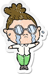 distressed sticker of a cartoon crying woman wearing spectacles