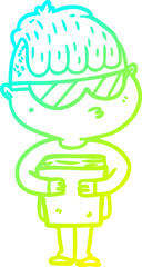 cold gradient line drawing of a cartoon boy wearing sunglasses