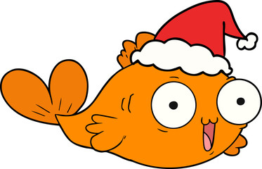  happy goldfish hand drawn line drawing of a wearing santa hat