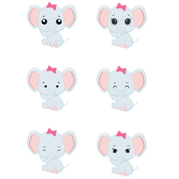 
Cute set of cartoon baby elephants girls.