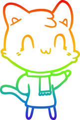 rainbow gradient line drawing of a cartoon happy cat wearing scarf