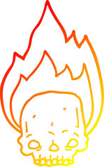 warm gradient line drawing of a spooky cartoon flaming skull