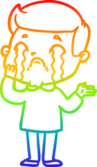 rainbow gradient line drawing of a cartoon man crying