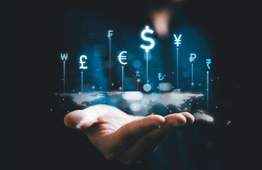 Businessman holding virtual currency sign include dollar euro pound sterling yen yuan won for technology currency exchange and money transfer , Financial and investment concept.