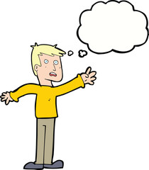 cartoon worried man reaching with thought bubble