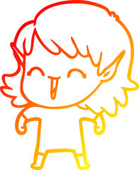 warm gradient line drawing of a cartoon elf girl