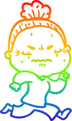 rainbow gradient line drawing of a cartoon annoyed old lady