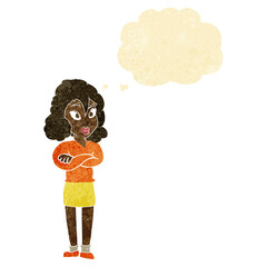 cartoon woman with crossed arms with thought bubble