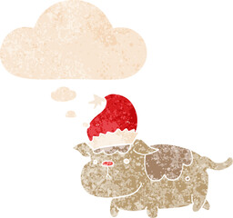 cute christmas dog with thought bubble in grunge distressed retro textured style