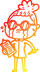 warm gradient line drawing of a cartoon crying woman wearing spectacles