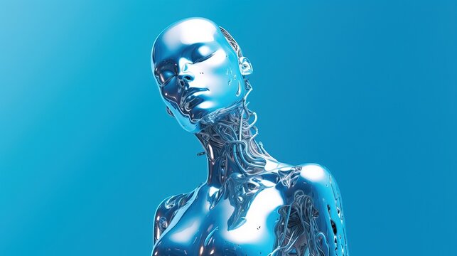Cyborg with glossy metallic skin on a blue background. Futuristic robot artificial intelligence concept. Generative AI.