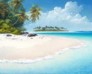 Fototapeta na wymiar A beautiful beach on a tropical island surrounded by the ocean. Generative AI