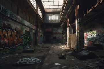 Desolate graffiti-covered factory. Generative AI
