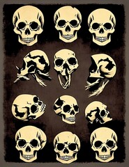 Set of vintage skulls on a dark background. Seamless vector pattern. Generative AI