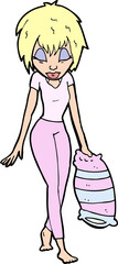 cartoon tired woman going to bed