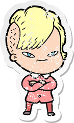 distressed sticker of a cute cartoon girl with hipster haircut